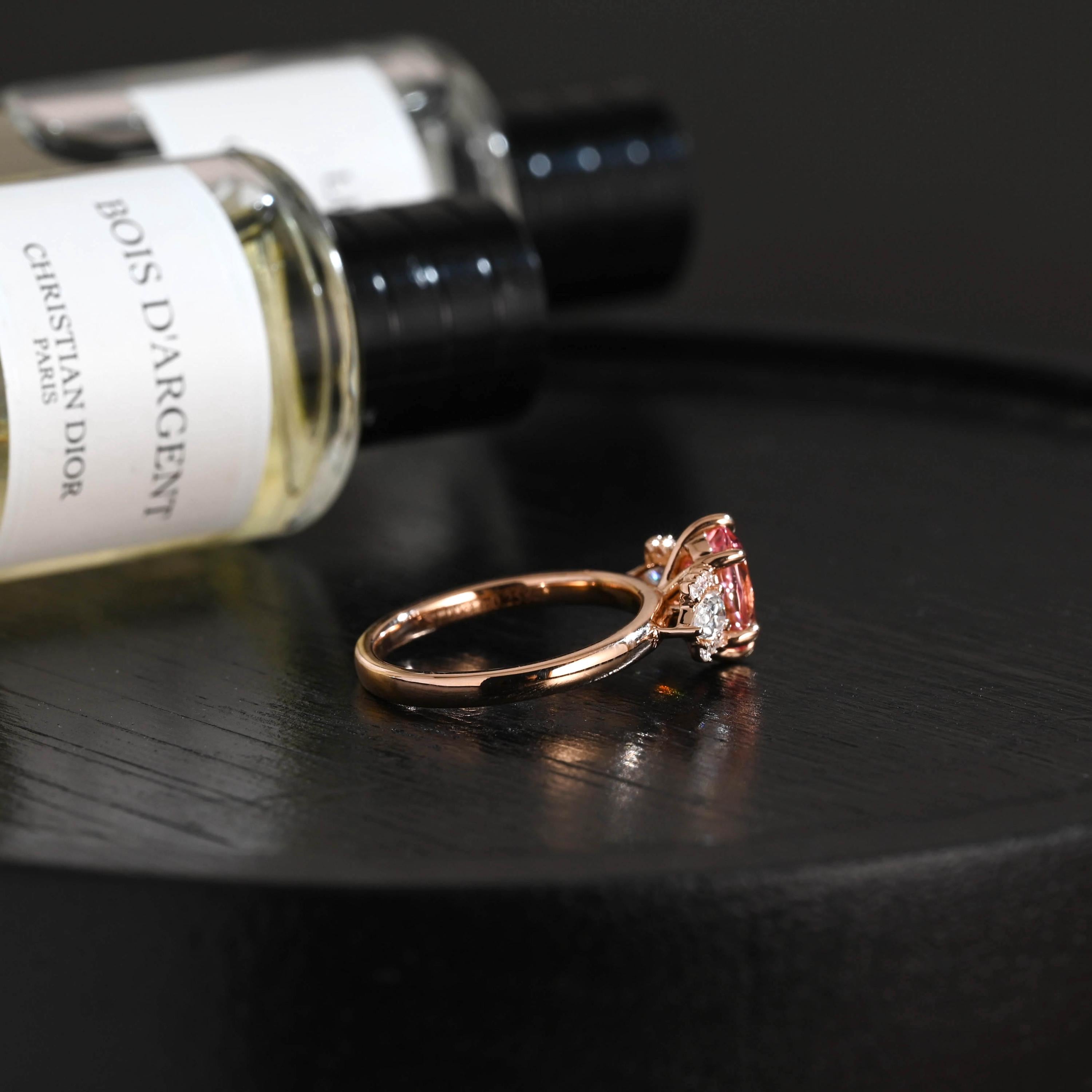 Solid Gold Oval Lab Grown Pink Sapphire Engagement Ring, Three Stone Proposal Ring