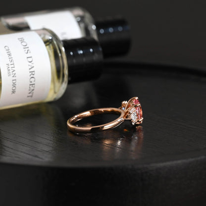 Solid Gold Oval Lab Grown Pink Sapphire Engagement Ring, Three Stone Proposal Ring