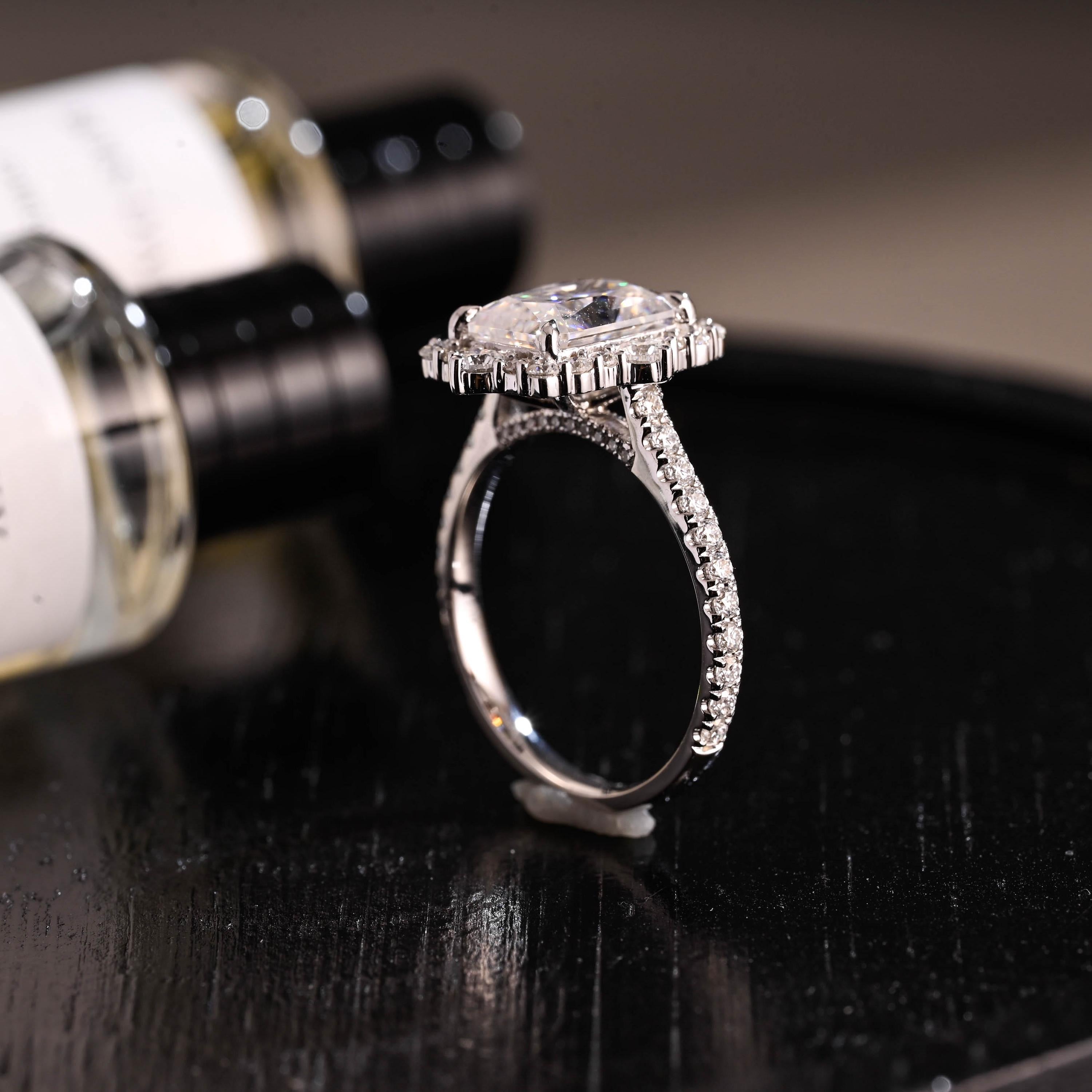Solid Gold Radiant Cut Moissanite Engagement Ring, Halo Pave Vintage Style Cathedral Setting