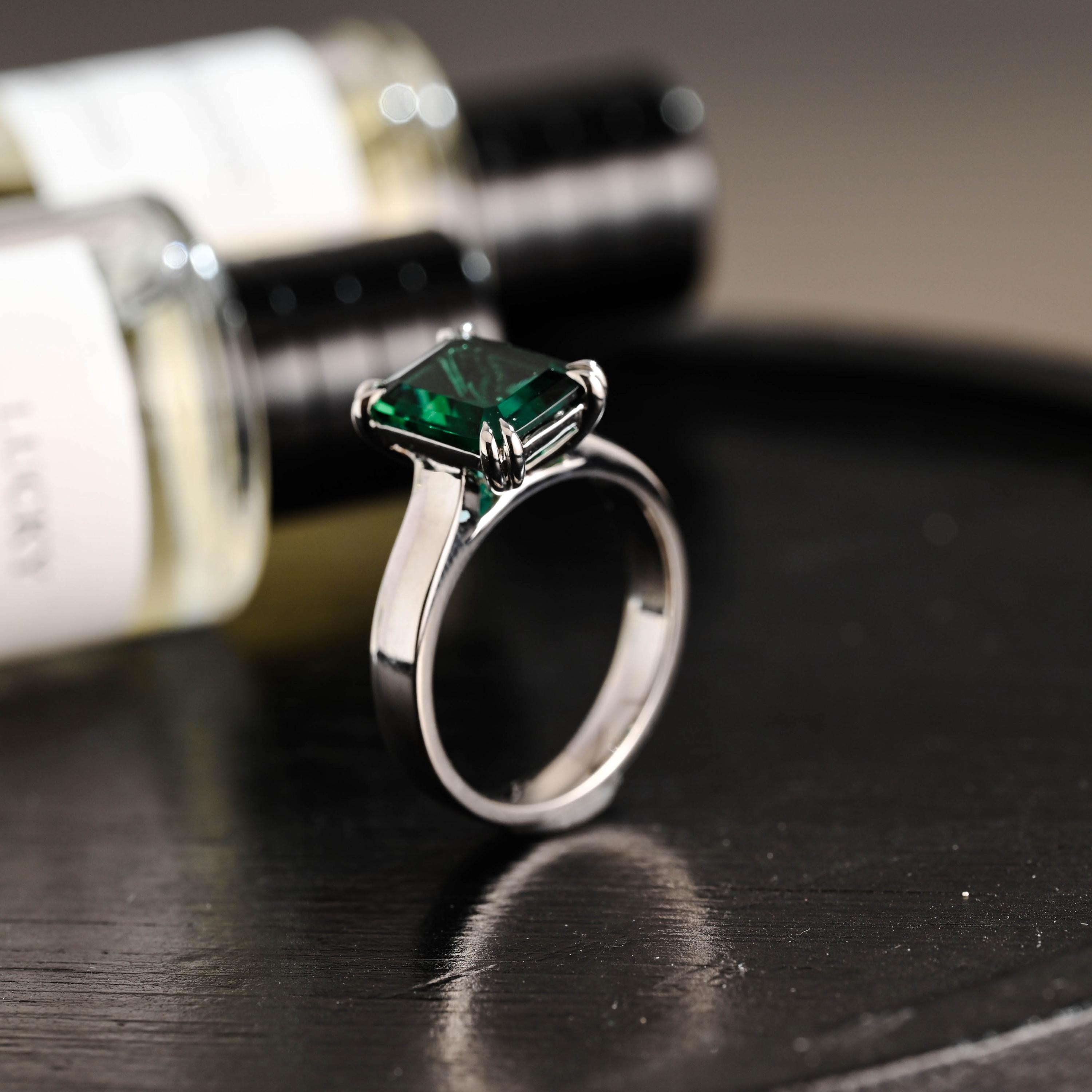 3mm Wide Solid Gold Lab Grown Emerald Engagement Ring, Proposal Ring, Promise Ring, Wedding Ring, Anniversary Gift Birthday Gift for Women
