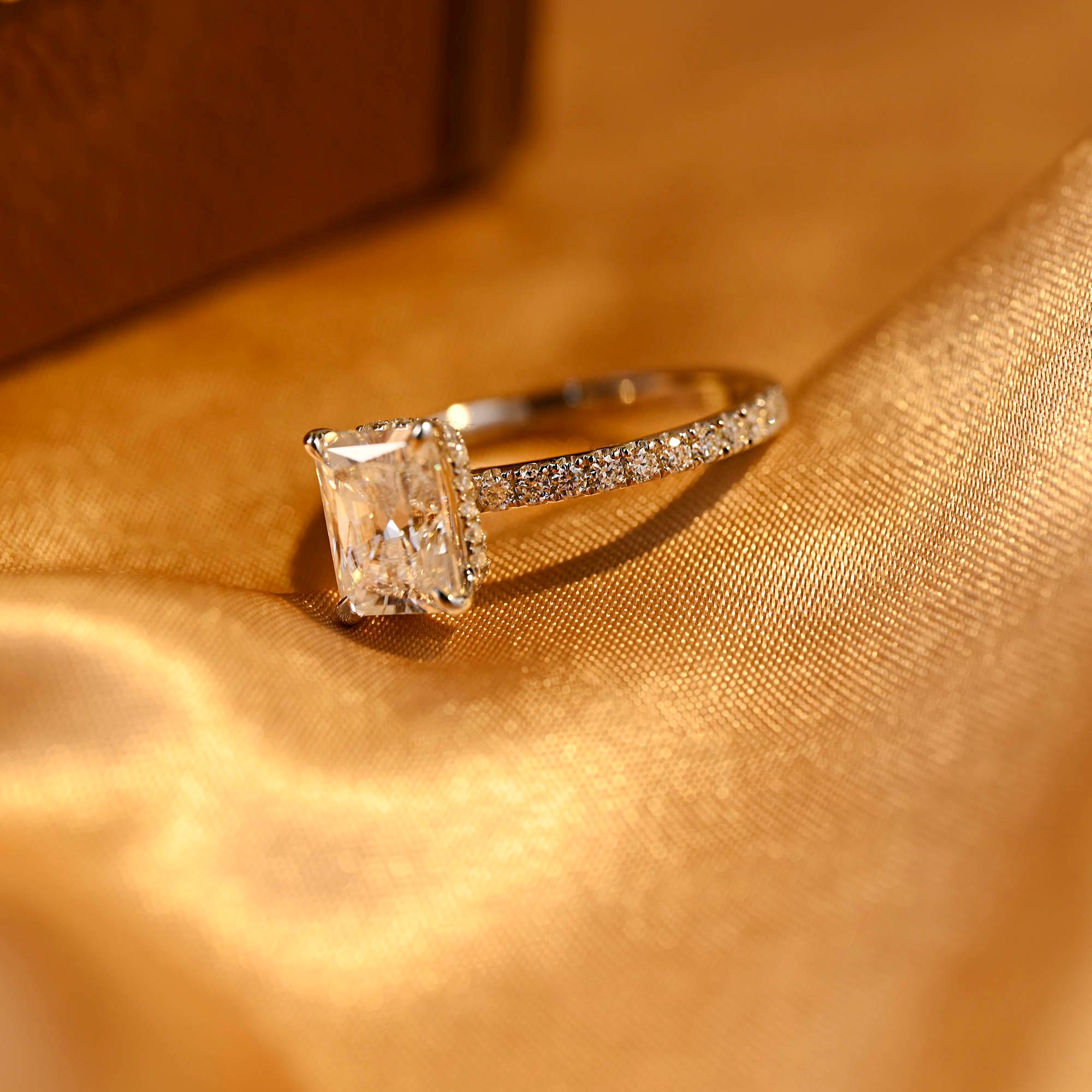 Solid Gold Radiant Cut Moissanite Engagement Ring, Hidden Halo Pave Wedding Ring