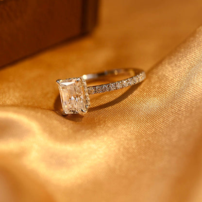 Solid Gold Radiant Cut Moissanite Engagement Ring, Hidden Halo Pave Wedding Ring