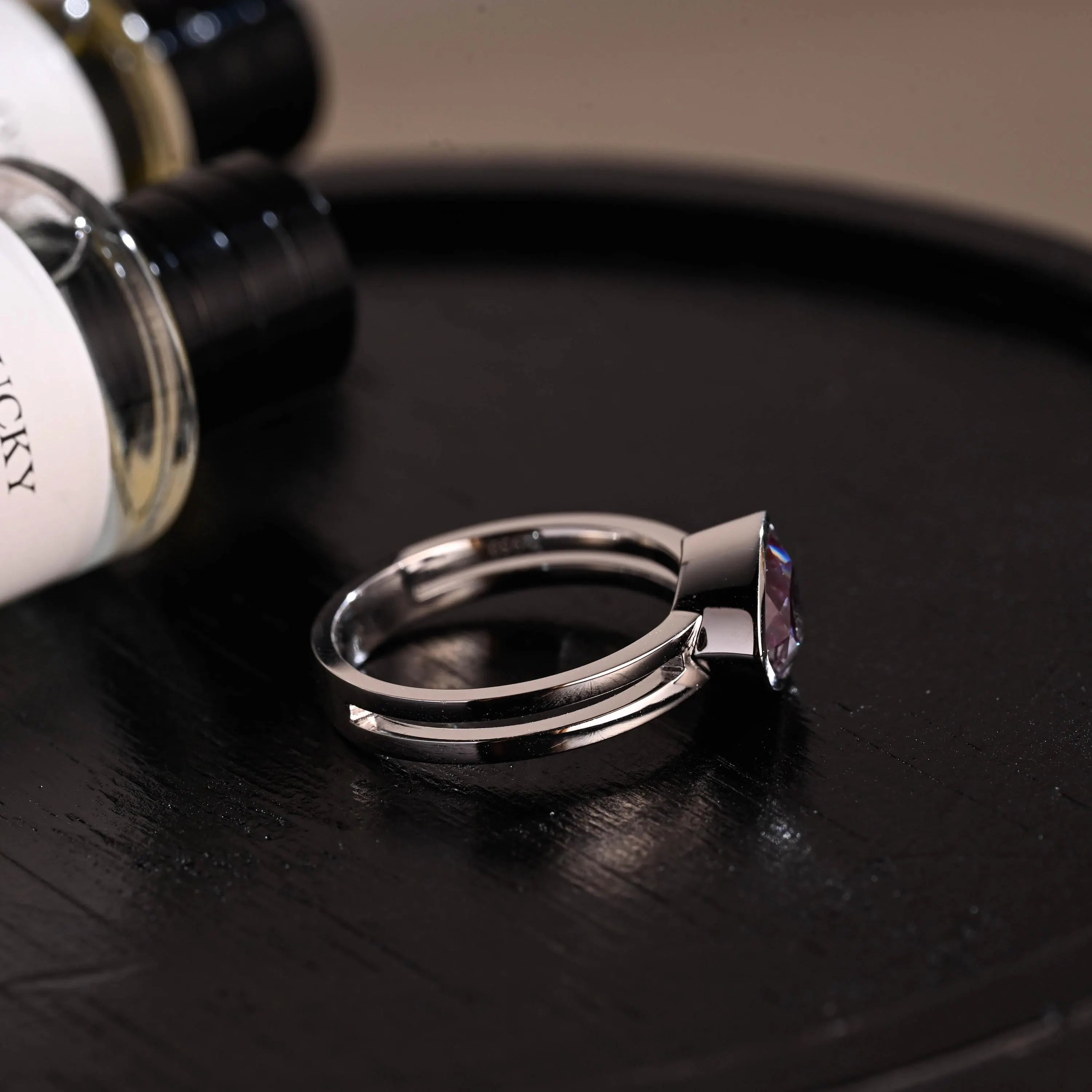 Purple Bezel Trilliant Cut Alexandrite Engagement Ring, Solid Gold Low Setting Anniversary Ring for Women Wife