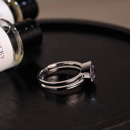 Purple Bezel Trilliant Cut Alexandrite Engagement Ring, Solid Gold Low Setting Anniversary Ring for Women Wife