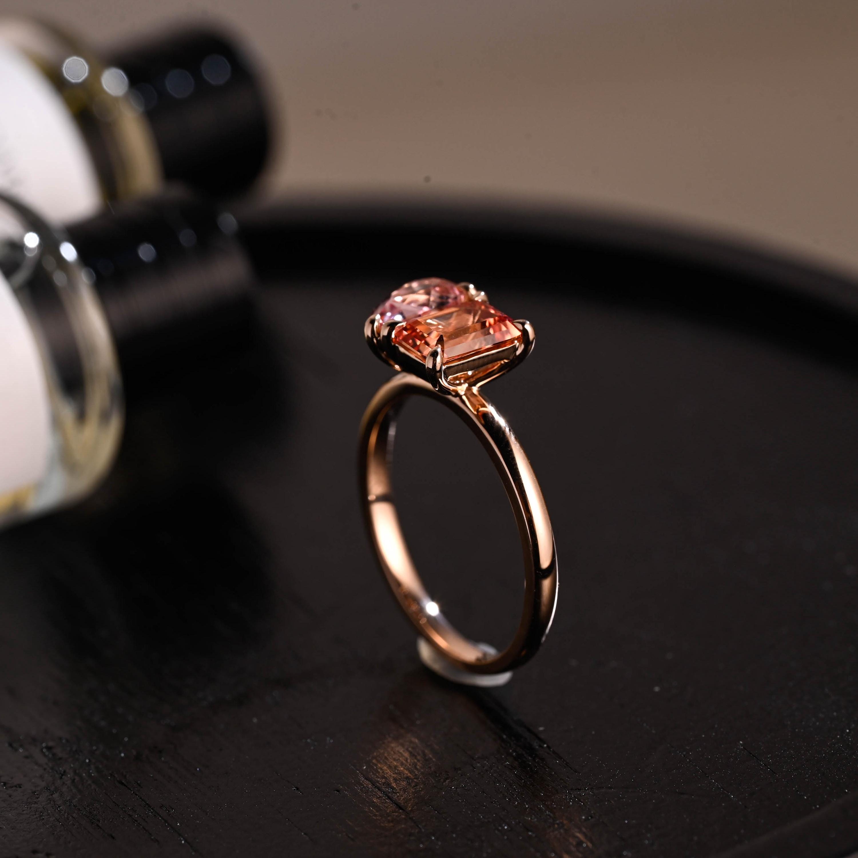 Solid Gold Lab Grown Orange & Pink Sapphire Toi et Moi Wedding Ring, Memorial Two Stone Engagement Ring
