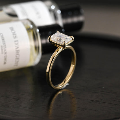 Solid Gold Emerald Cut Moissanite Engagement Ring, Solitaire Emerald Cut Anniversary Ring for Women