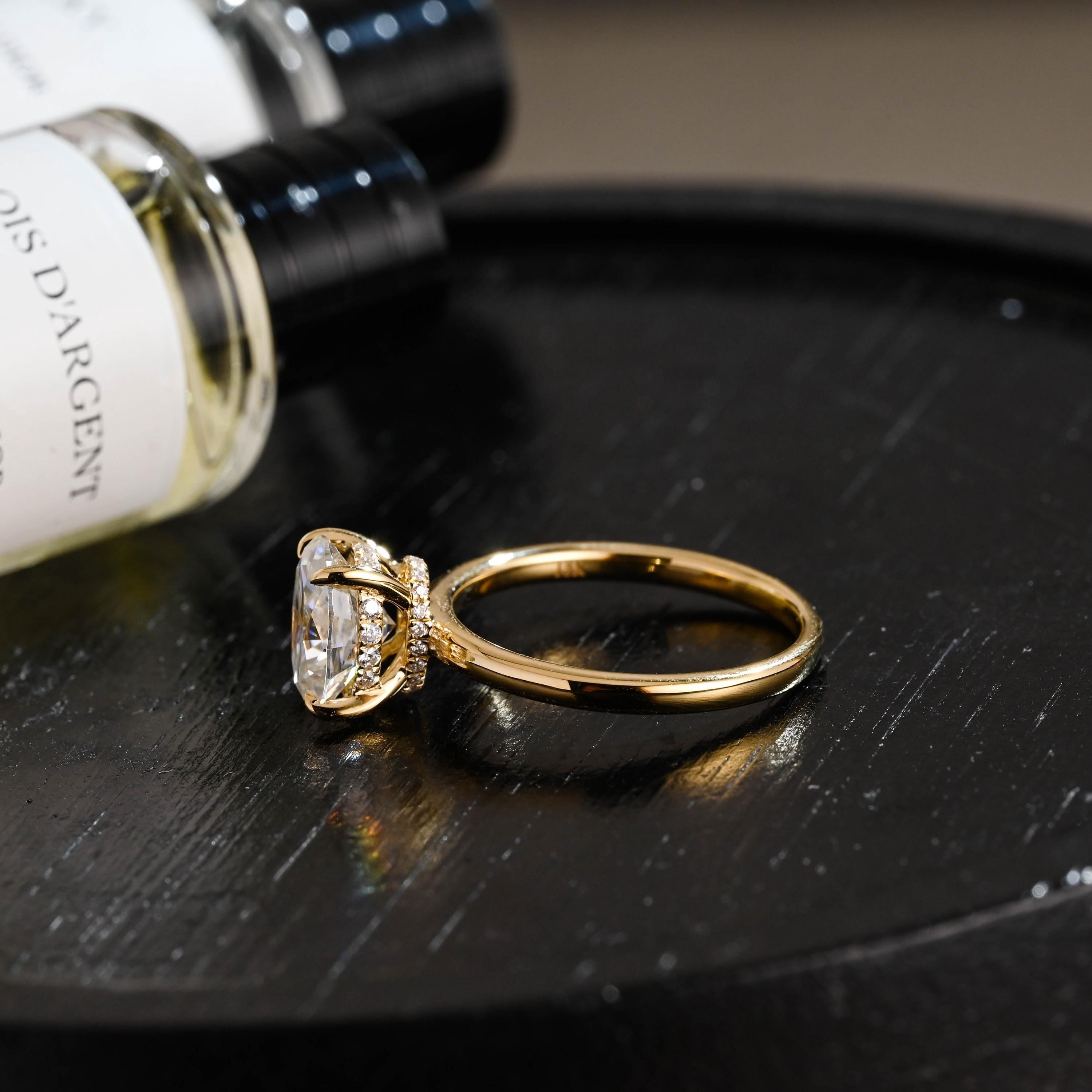 Solid Gold Oval Moissanite Engagement Ring, Hidden Halo Promise Ring