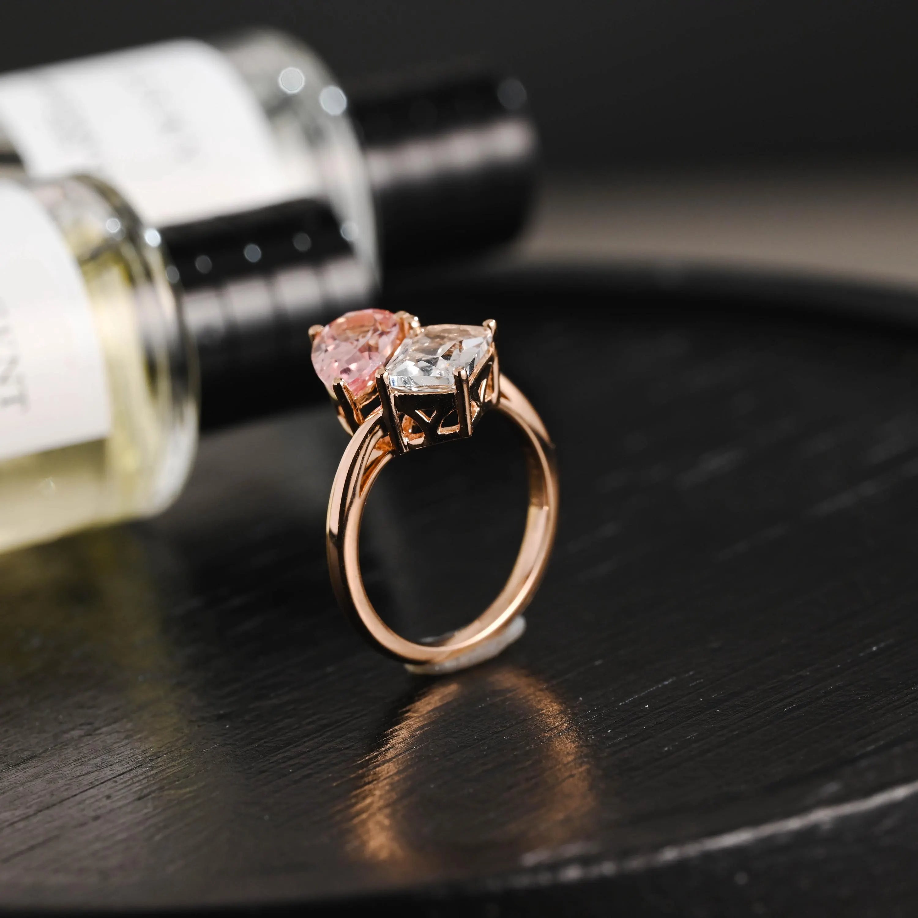 Solid Gold Toi et Moi Lab Grown Pink Sapphire & Emerald Cut Two Stone Moissanite Engagement Ring