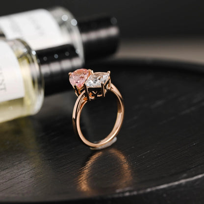 Solid Gold Toi et Moi Lab Grown Pink Sapphire & Emerald Cut Two Stone Moissanite Engagement Ring