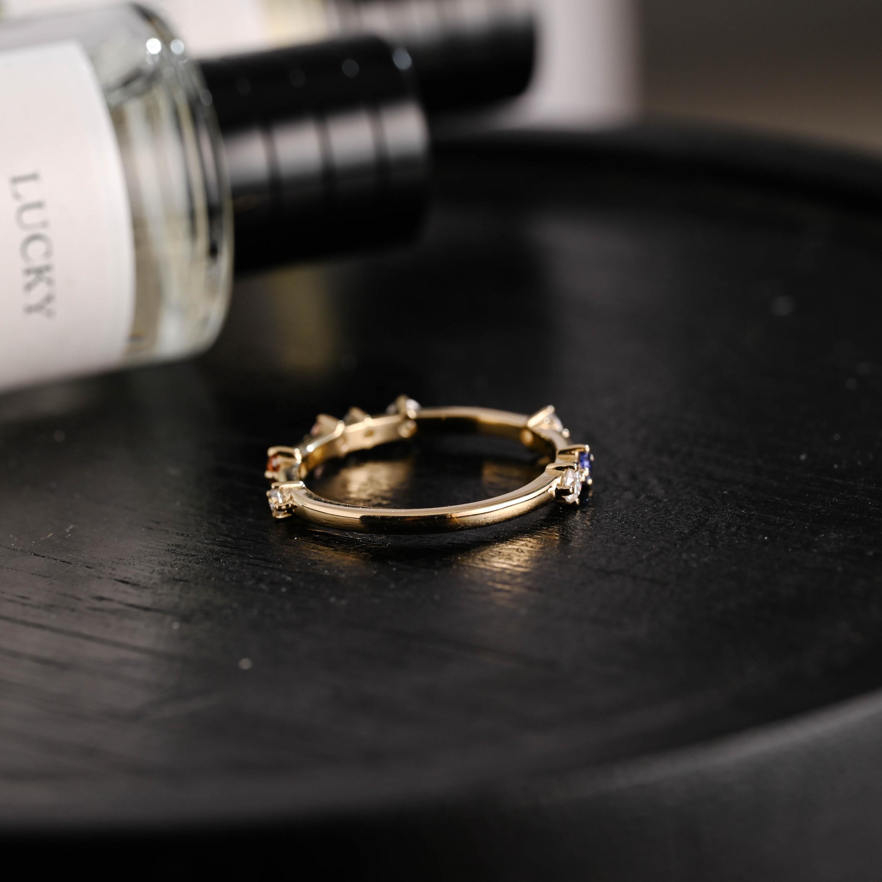 Solid Gold Moissanite Wedding Band, Pink Blue Orange Ring
