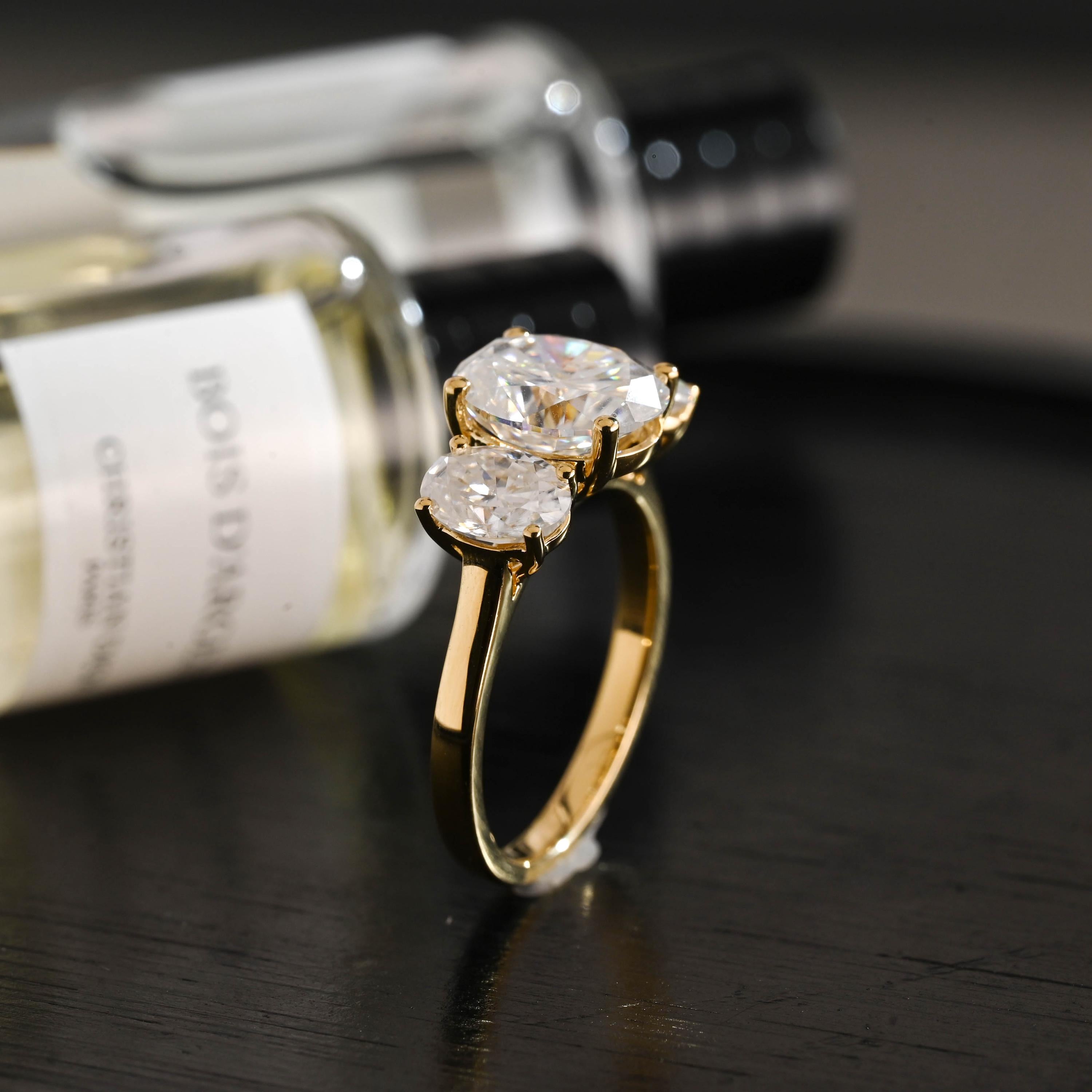 Solid Gold Three Stone Oval Moissanite Engagement Ring, Anniversary Gift Birthday Gift for Women