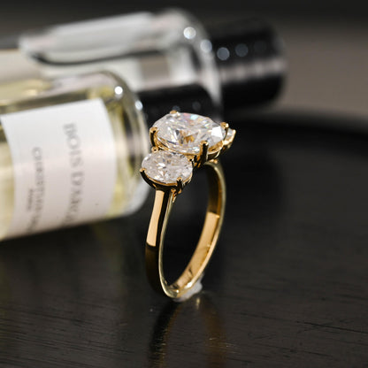 Solid Gold Three Stone Oval Moissanite Engagement Ring, Anniversary Gift Birthday Gift for Women