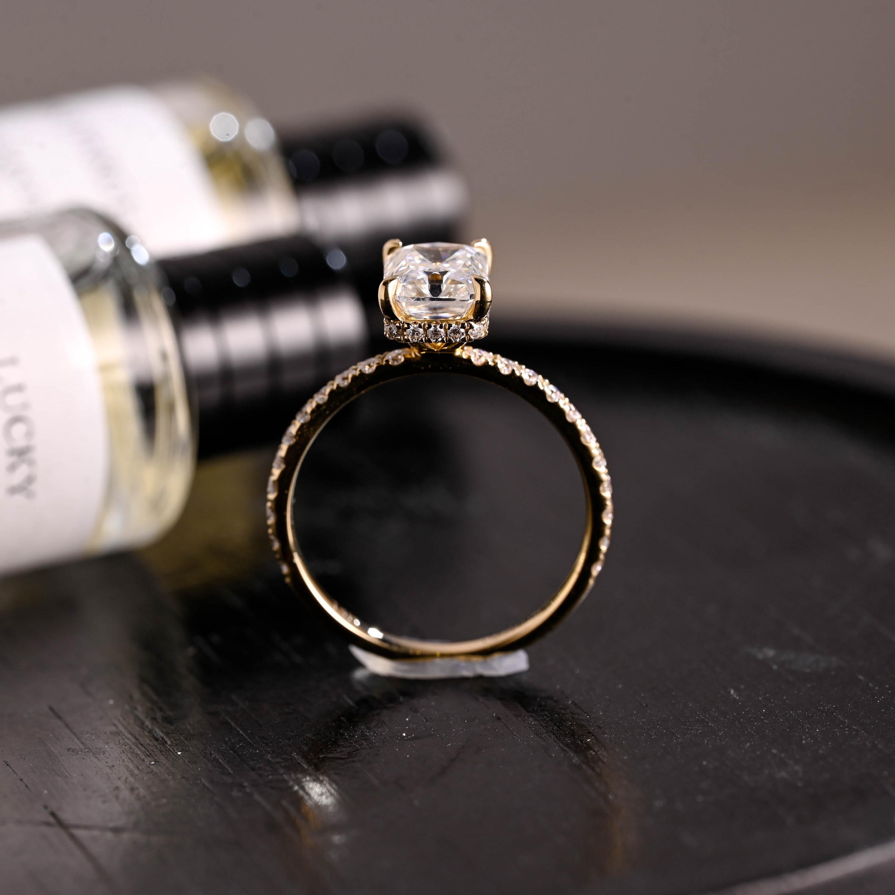 Solid Gold Half Eternity Radiant Cut Moissanite Engagement Ring, Anniversary Gift for Women Wife