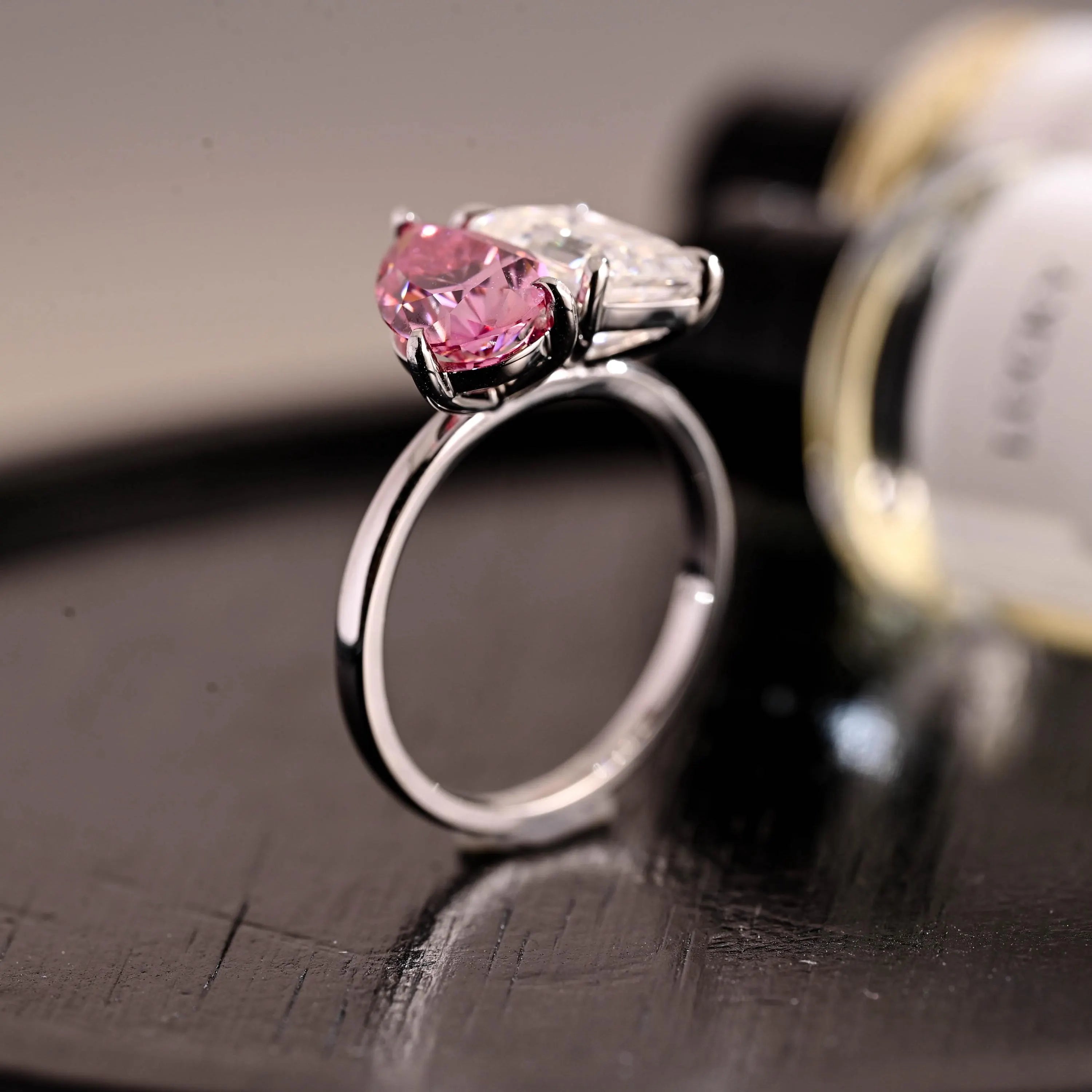 Moi et Toi Pink Moissanite Engagement Ring, Pear Cut Solid Gold Wedding Ring Birthstone Anniversary Ring