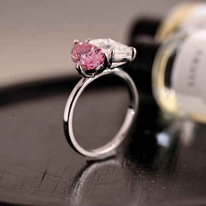 Moi et Toi Pink Moissanite Engagement Ring, Pear Cut Solid Gold Wedding Ring Birthstone Anniversary Ring