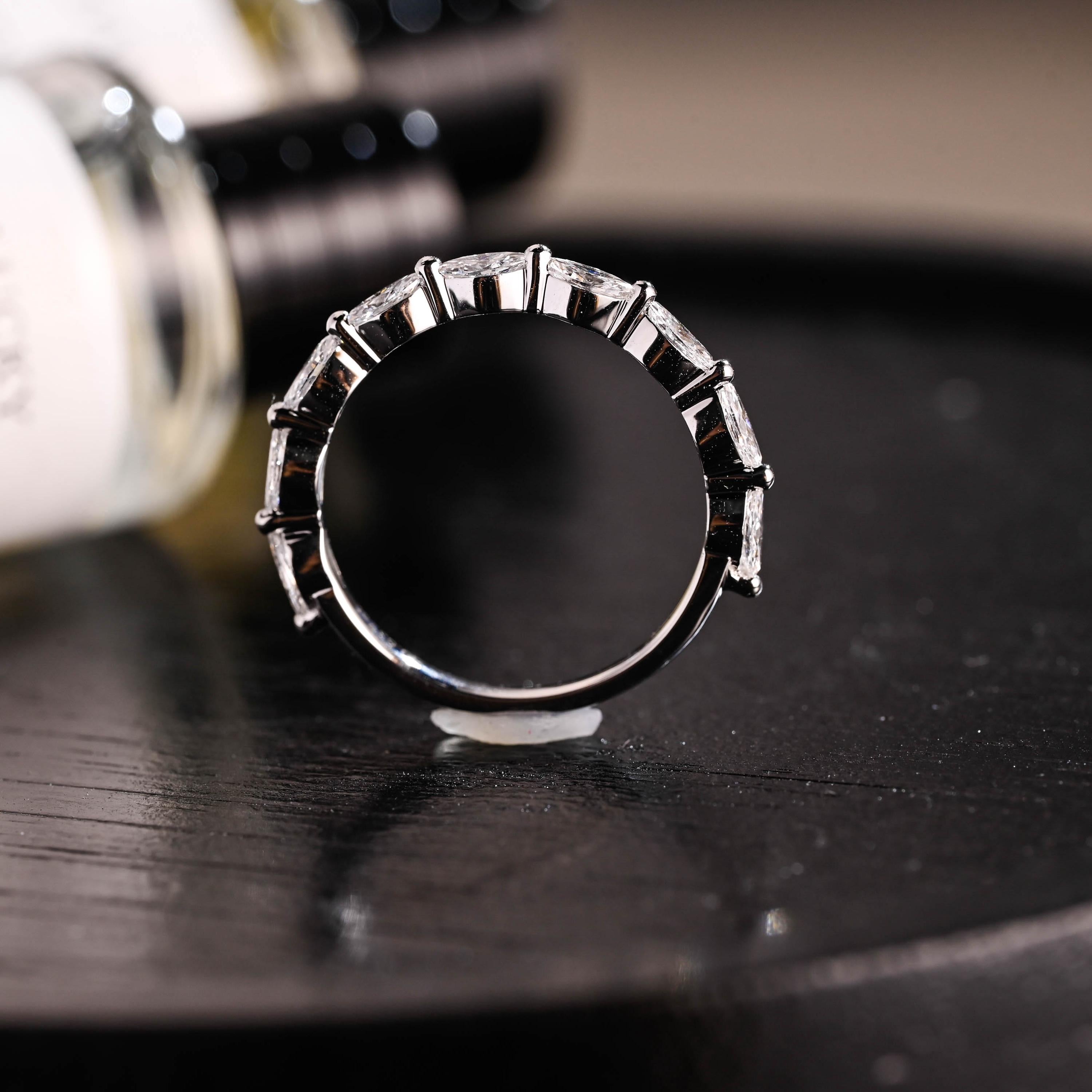 Solid Gold Marquise Moissanite Wedding Band, Half Eternity Ring
