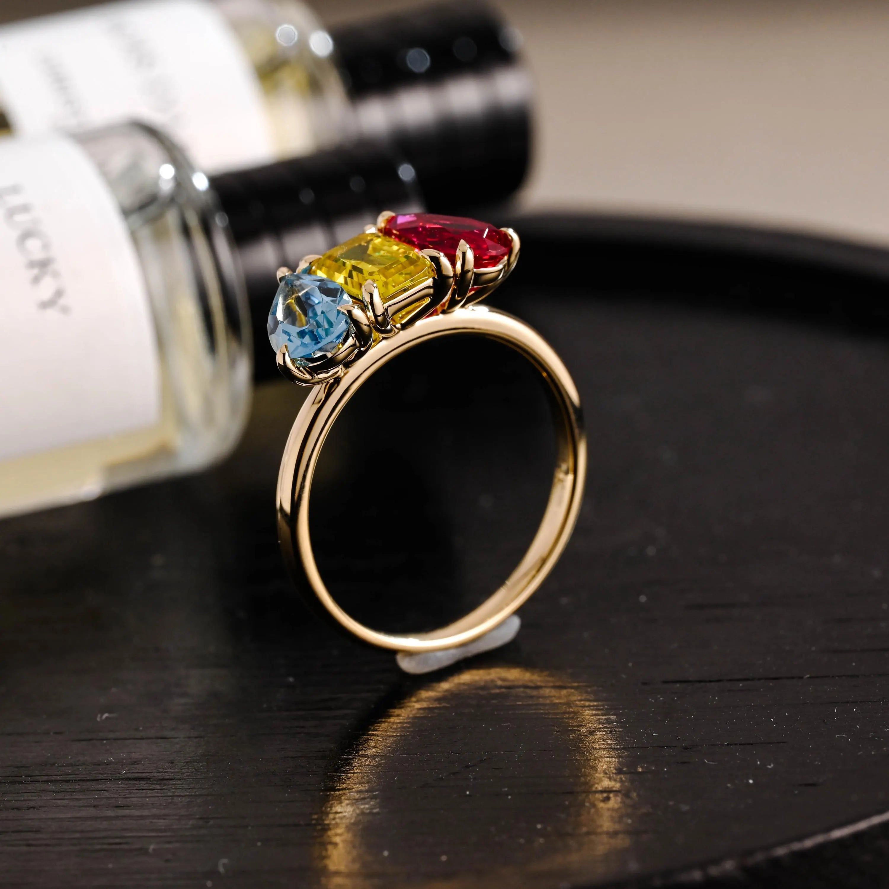 Solid Gold Pear Ruby & Emerald Cut Yellow Lab Grown Sapphire and Pear Blue Topaz Engagement Ring