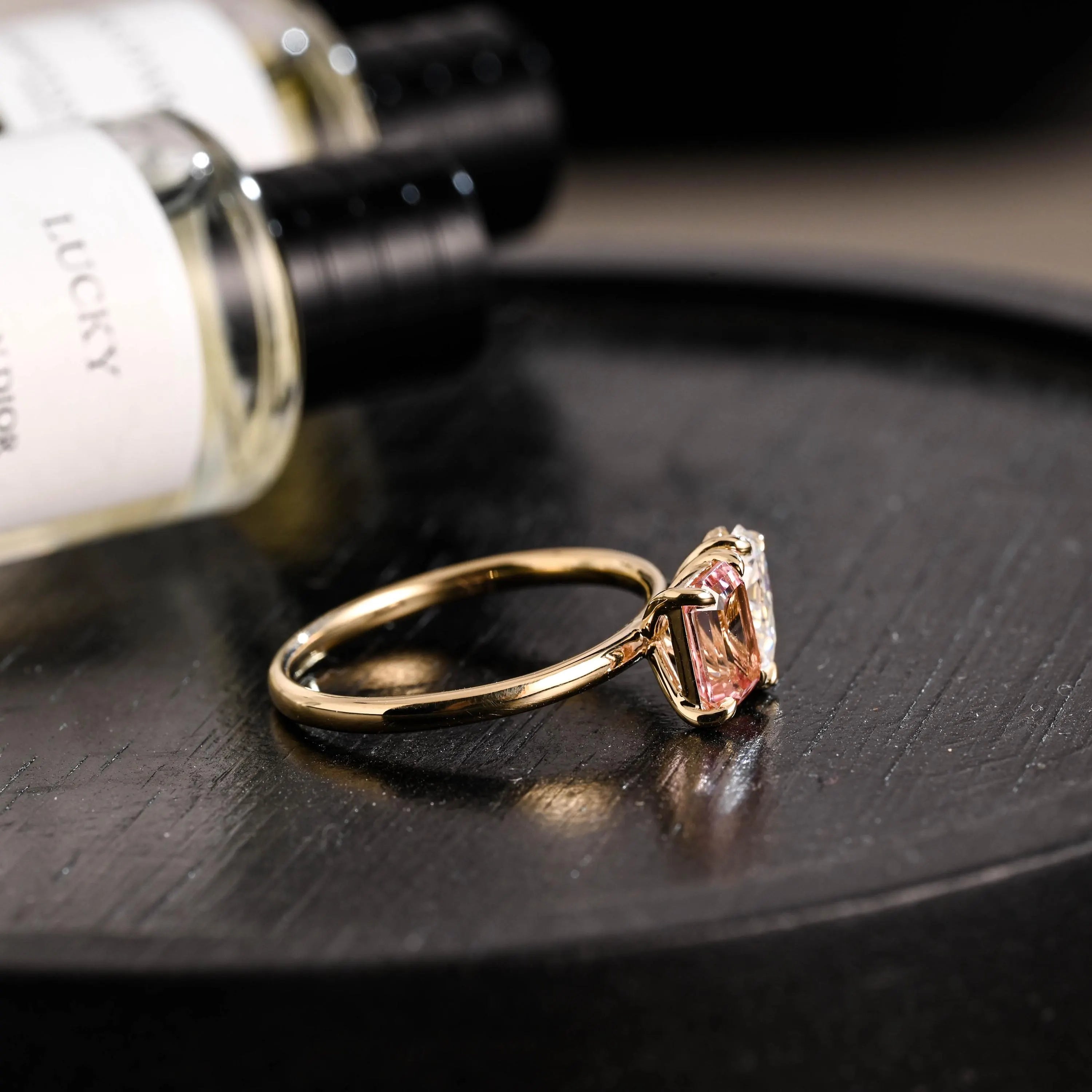 Solid Gold Toi et Moi Emerald Cut Pink Sapphire & Pear Cut Moissanite Engagement Ring