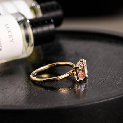 Solid Gold Toi et Moi Emerald Cut Pink Sapphire & Pear Cut Moissanite Engagement Ring