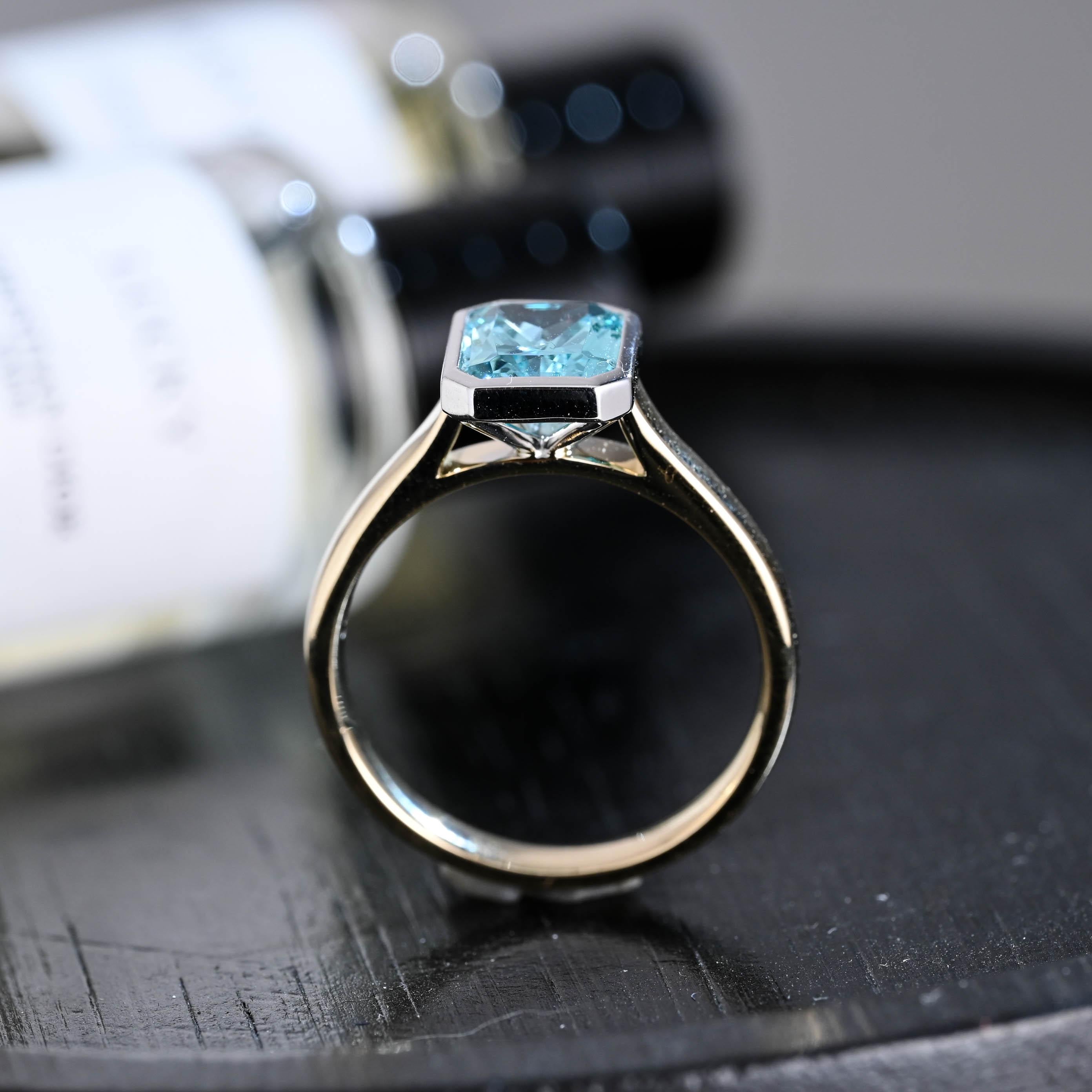 Solid Gold Radiant Cut Aquamarine Color Sapphire Engagement Ring, Two Tone Bezel Proposal Ring
