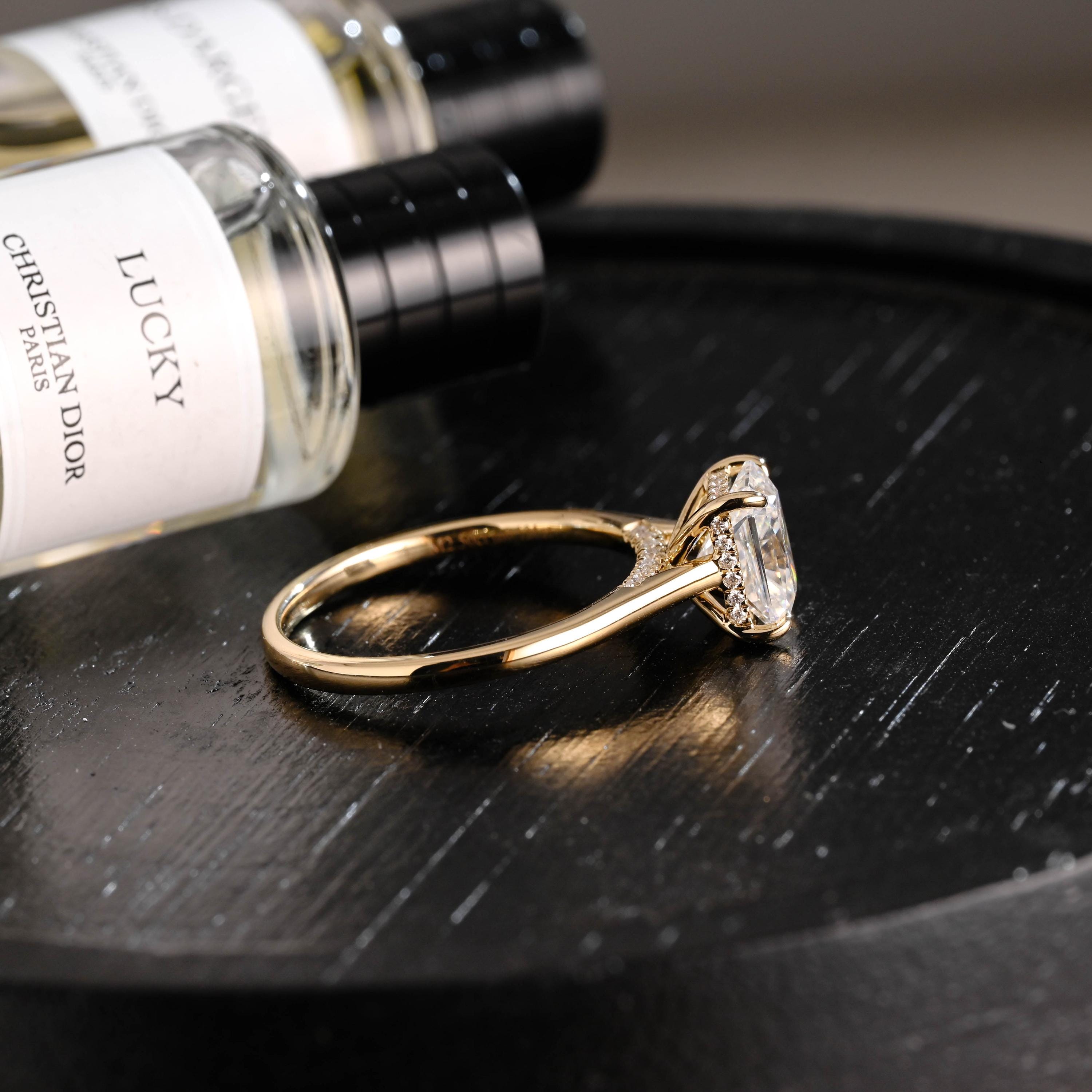 Solid Gold Hidden Halo Radiant Moissanite Engagement Ring, Cathedral Proposal Ring