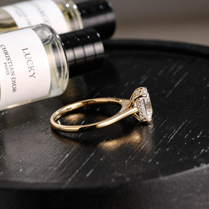 Solid Gold Hidden Halo Radiant Moissanite Engagement Ring, Cathedral Proposal Ring