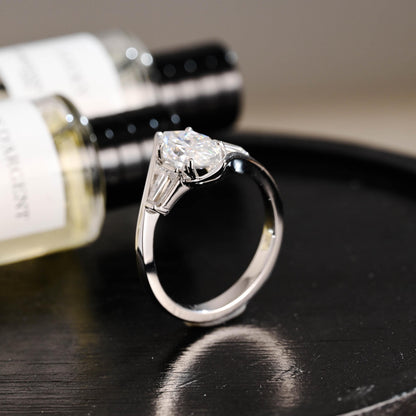 Solid Gold Bypass Marquise Moissanite Ring, Trapezoid Accent Stones, Statement Ring