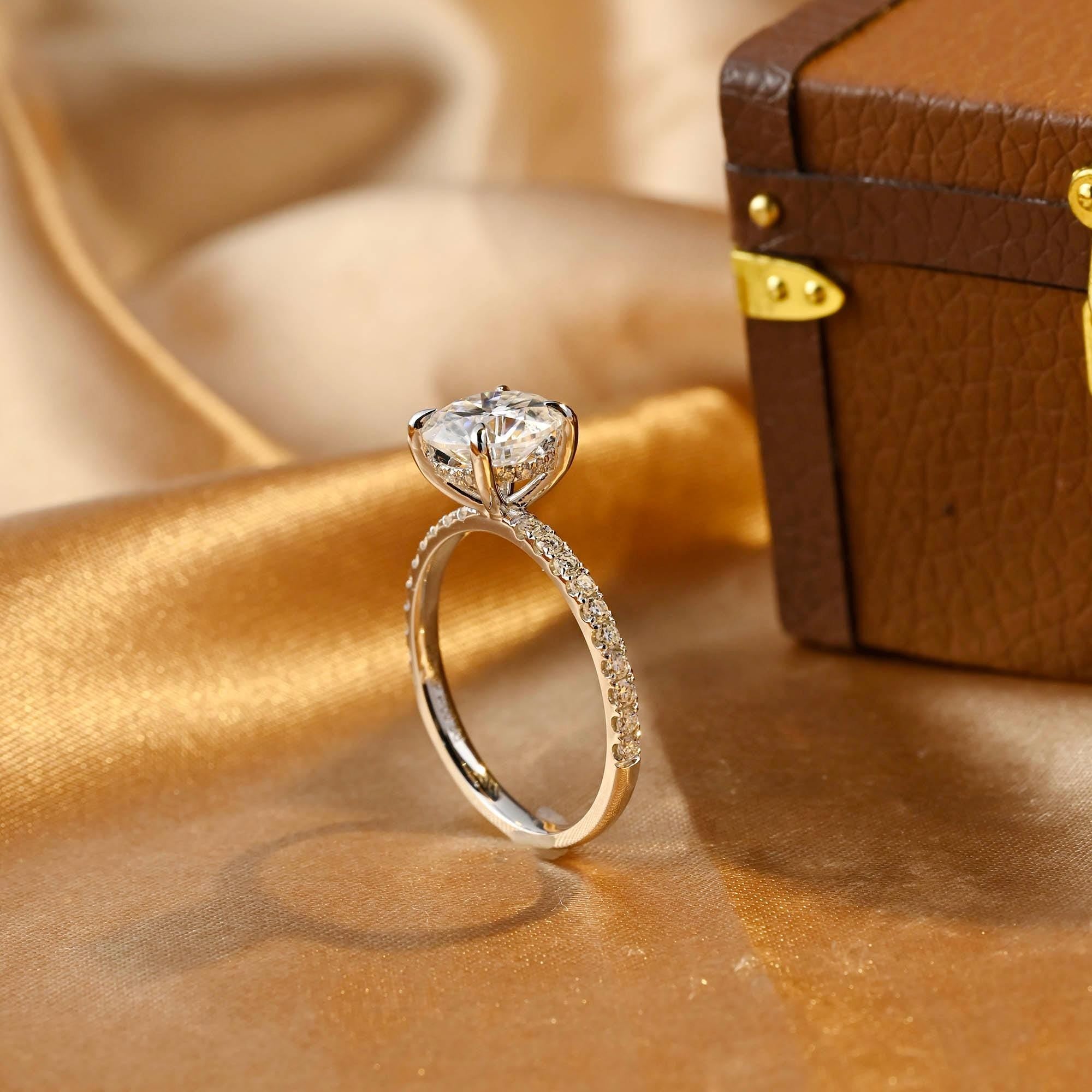 Half Pave Solid Gold Round Cut Moissanite Engagement Ring, Hidden Halo Round Cut Wedding Ring