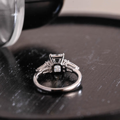 Solid Gold Three Stone Emerald Cut Moissanite Engagement Ring, Trapezoid Accents Emerald Cut Wedding Ring, Anniversary Ring, Moissanite Gift