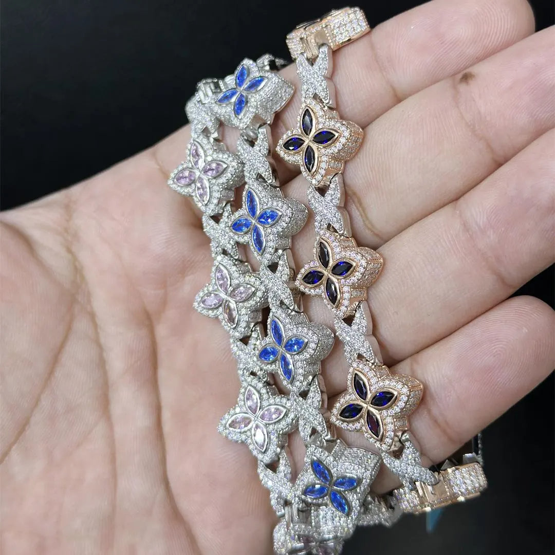 Iced Out Clover Bracelet: VVS Moissanite Diamond, Sterling Silver Link