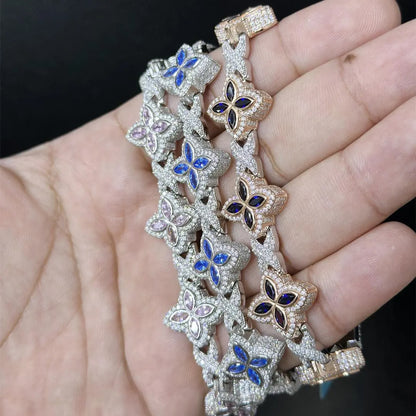 Iced Out Clover Bracelet: VVS Moissanite Diamond, Sterling Silver Link