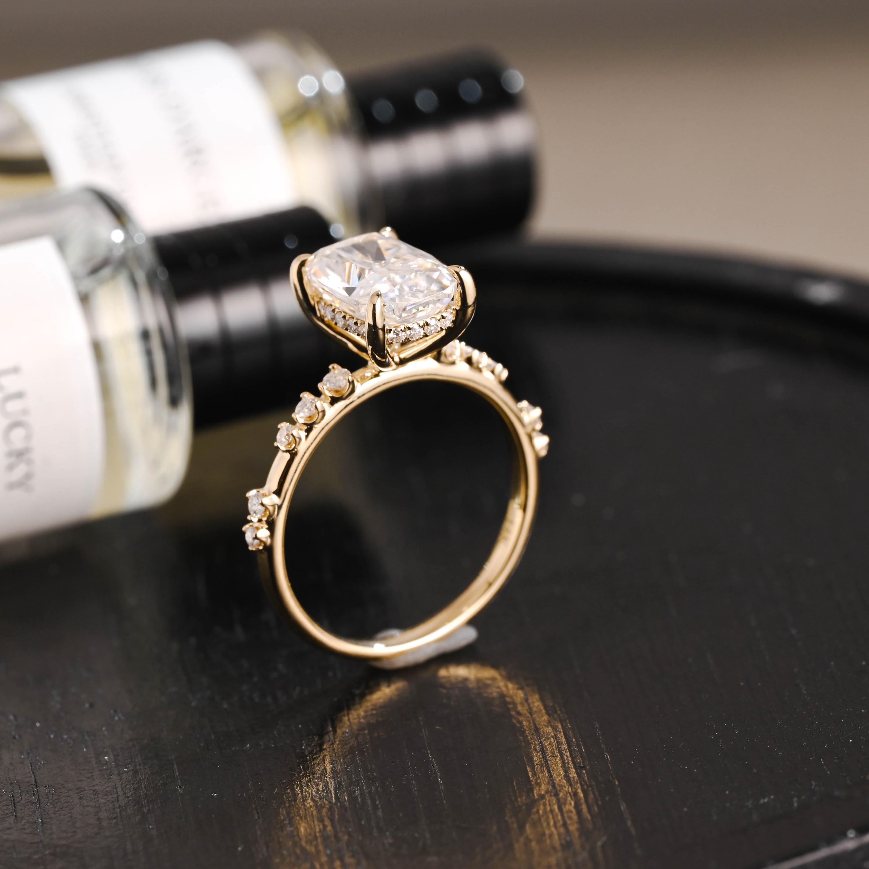 Solid Gold Elongated Cushion Cut Moissanite Engagement Ring, Proposal Ring, Round Cut Promise Ring, Anniversary Gift Birthday Gift for Women