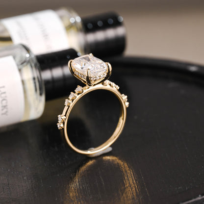 Solid Gold Elongated Cushion Cut Moissanite Engagement Ring, Proposal Ring, Round Cut Promise Ring, Anniversary Gift Birthday Gift for Women