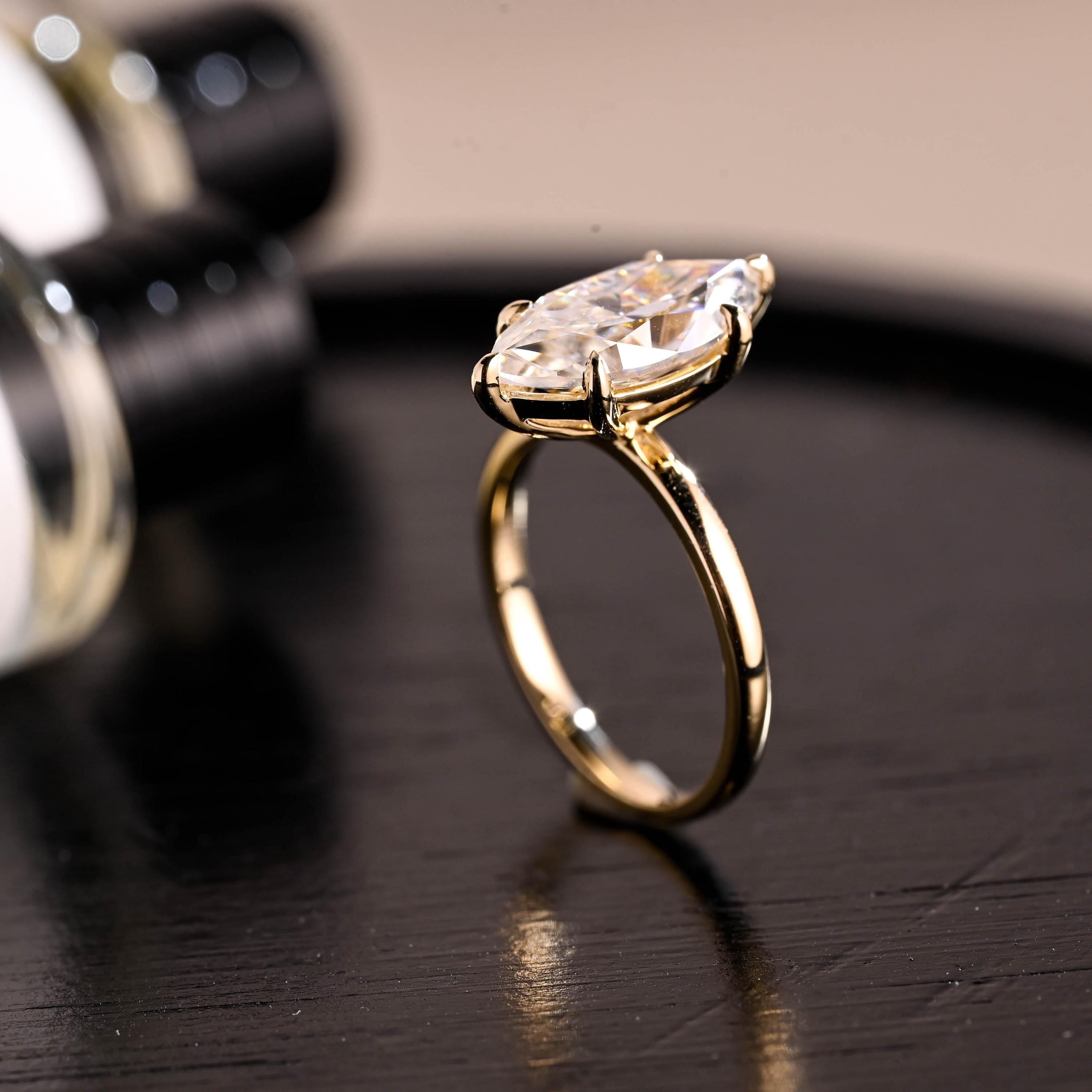 Solid Gold Solitaire Marquise Cut Moissanite Solid Gold Engagement Ring, Anniversary Ring