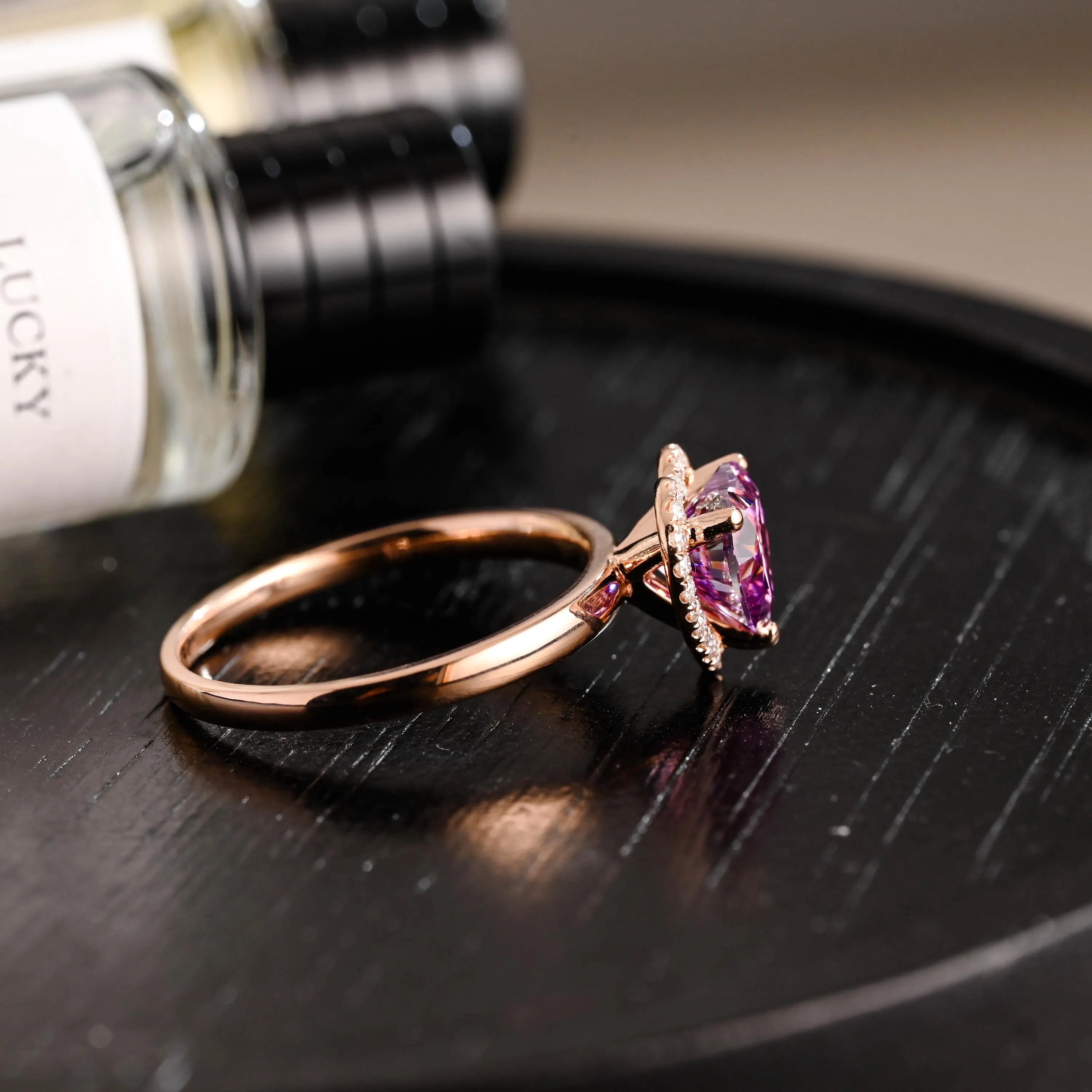 Heart Cut Pink Moissanite Engagement Ring, Unique Halo Heart Cut Wedding Ring