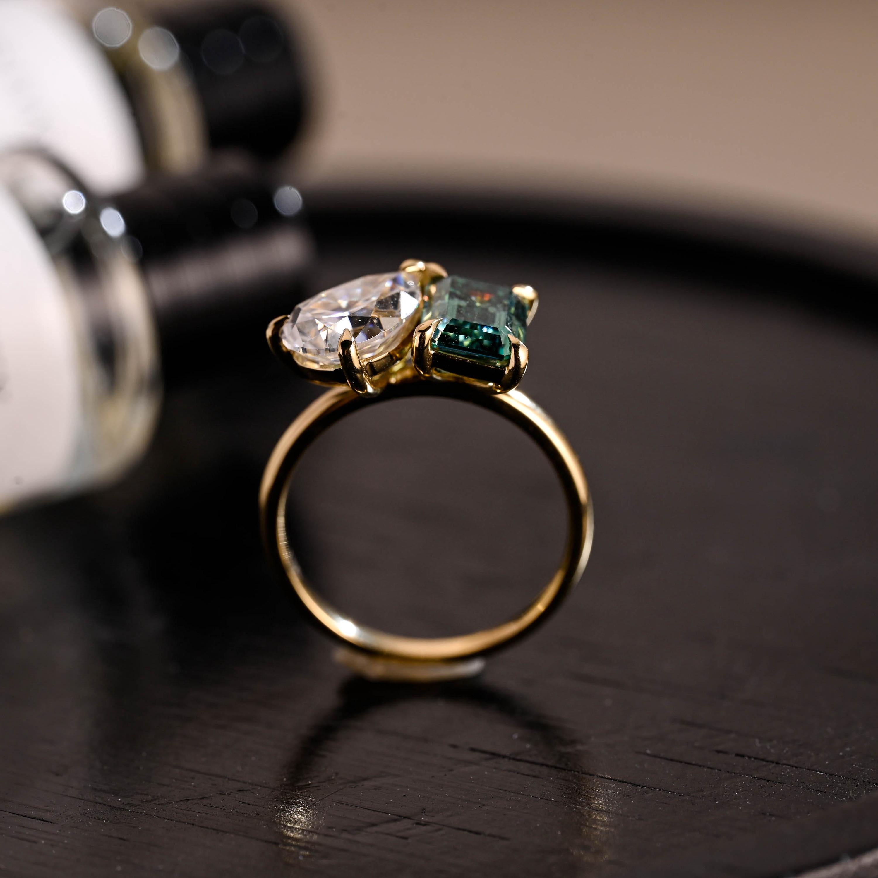 Solid Gold Toi et Moi Ring, Pear Cut & Emerald Cut Green Moissanite Engagement Ring, Two Stone Ring