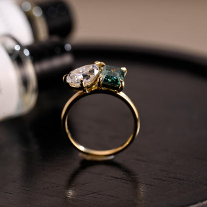 Solid Gold Toi et Moi Ring, Pear Cut & Emerald Cut Green Moissanite Engagement Ring, Two Stone Ring