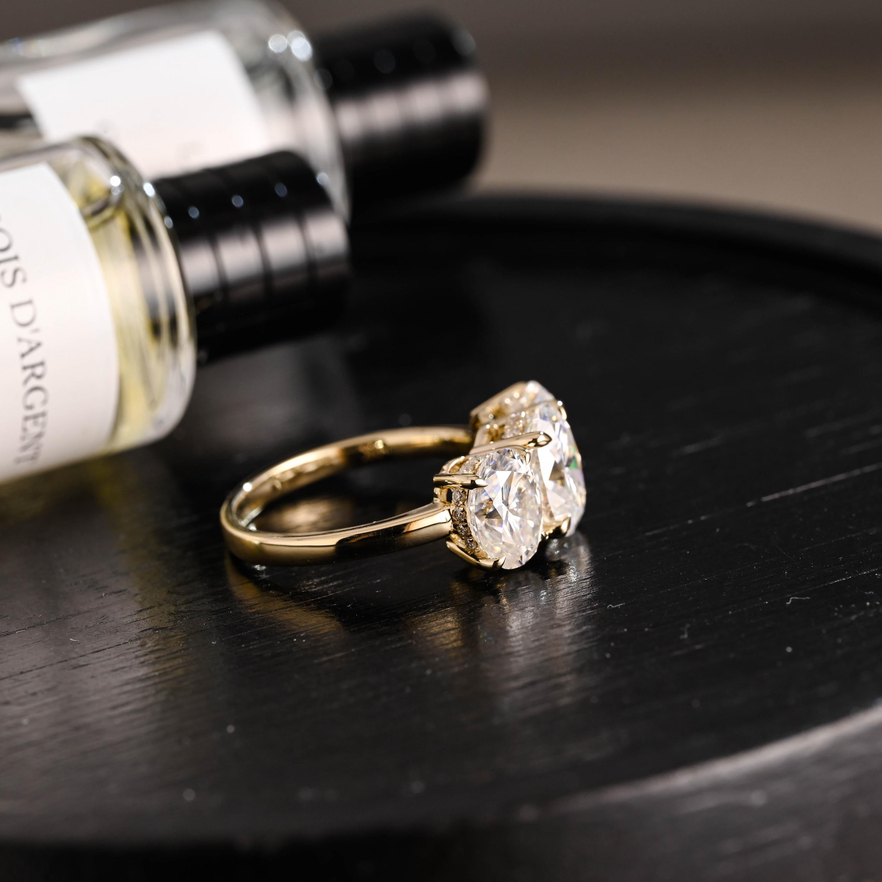 Solid Gold Hidden Halo Three Stone Oval Cut Moissanite Engagement Ring