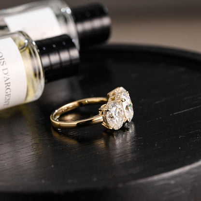 Solid Gold Hidden Halo Three Stone Oval Cut Moissanite Engagement Ring