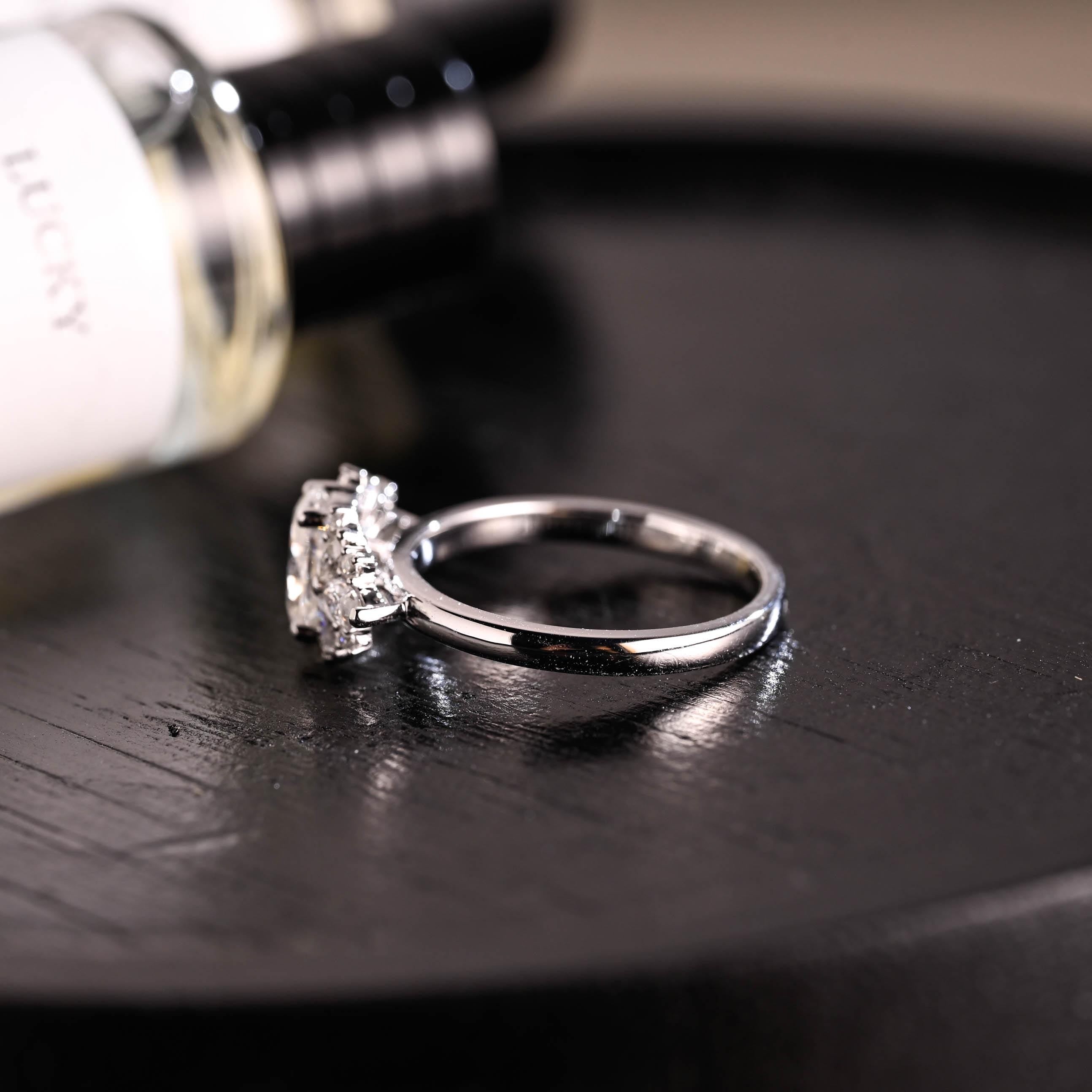 Solid Gold Side Cluster Oval Cut Moissanite Engagement Ring, High Profile Wedding Ring