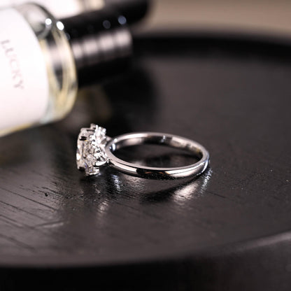 Solid Gold Side Cluster Oval Cut Moissanite Engagement Ring, High Profile Wedding Ring