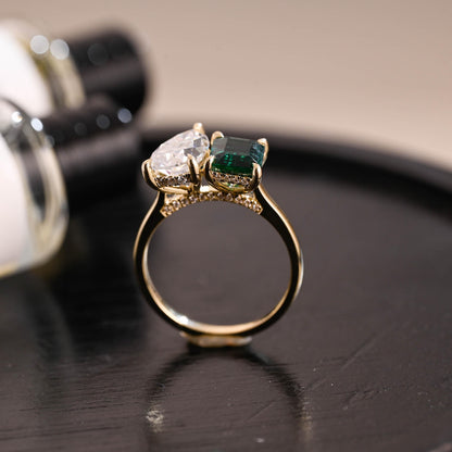 Solid Gold Lab Grown Emerald Toi et Moi Ring, Hidden Halo Memorial Two Stone Moissanite Engagement Ring