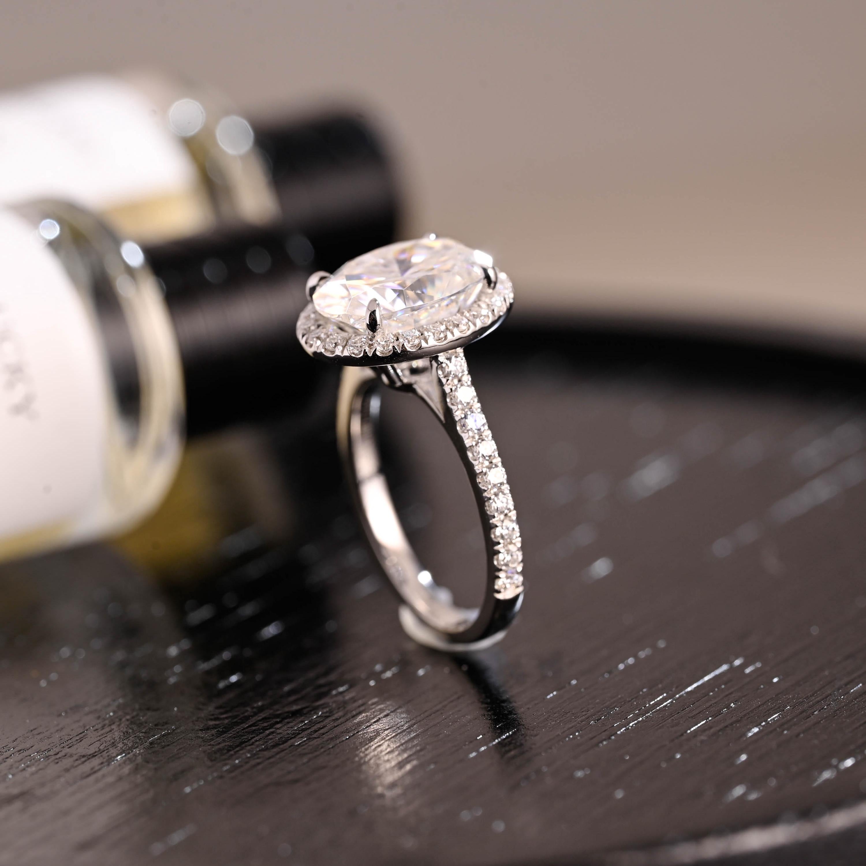 Solid Gold Halo Oval Cut Moissanite Engagement Ring, Half Pave Wedding Ring