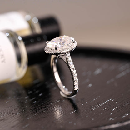 Solid Gold Halo Oval Cut Moissanite Engagement Ring, Half Pave Wedding Ring