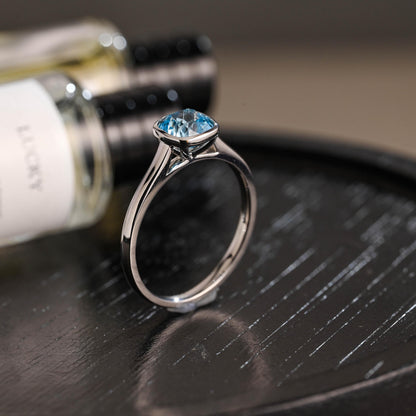 Solid Gold Cushion Cut Aquamarine Engagement Ring, Proposal Ring, Promise Ring, Wedding Ring, Anniversary Gift Birthday Gift for Women Wife