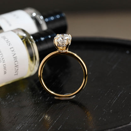 Solid Gold Oval Moissanite Engagement Ring, Hidden Halo Promise Ring