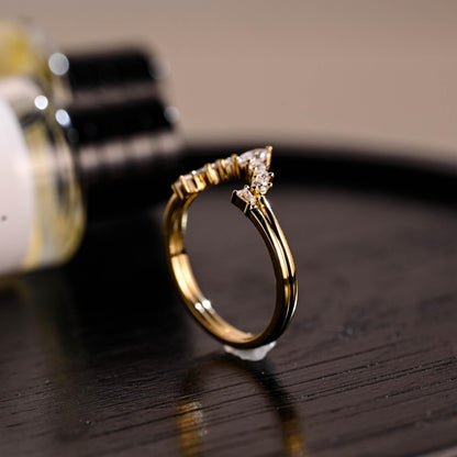 Solid Gold Moissanite Nesting Wedding Band, Stackable Curved Ring