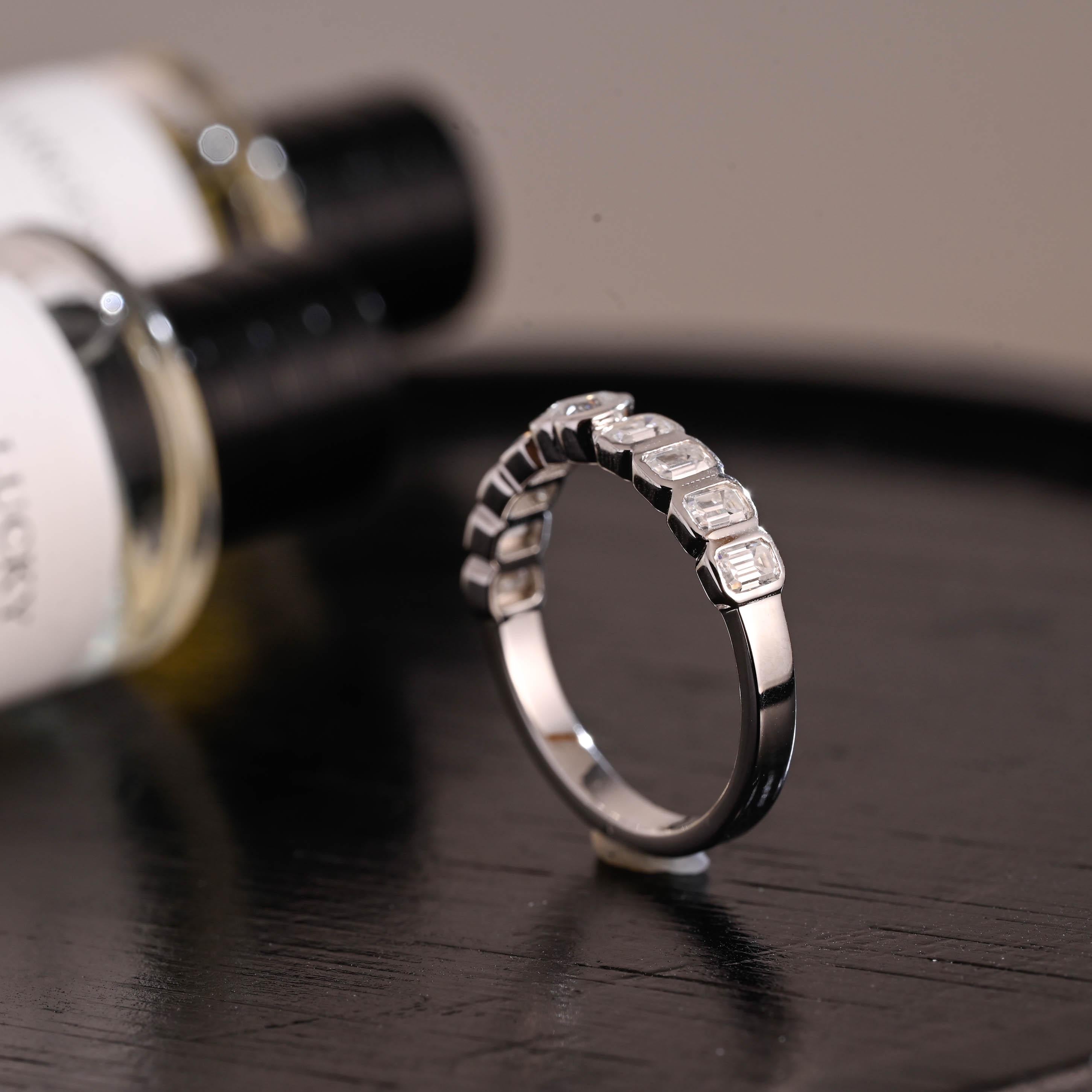 Solid Gold Heart & Emerald Cut Moissanite Wedding Band, Anniversary Gift