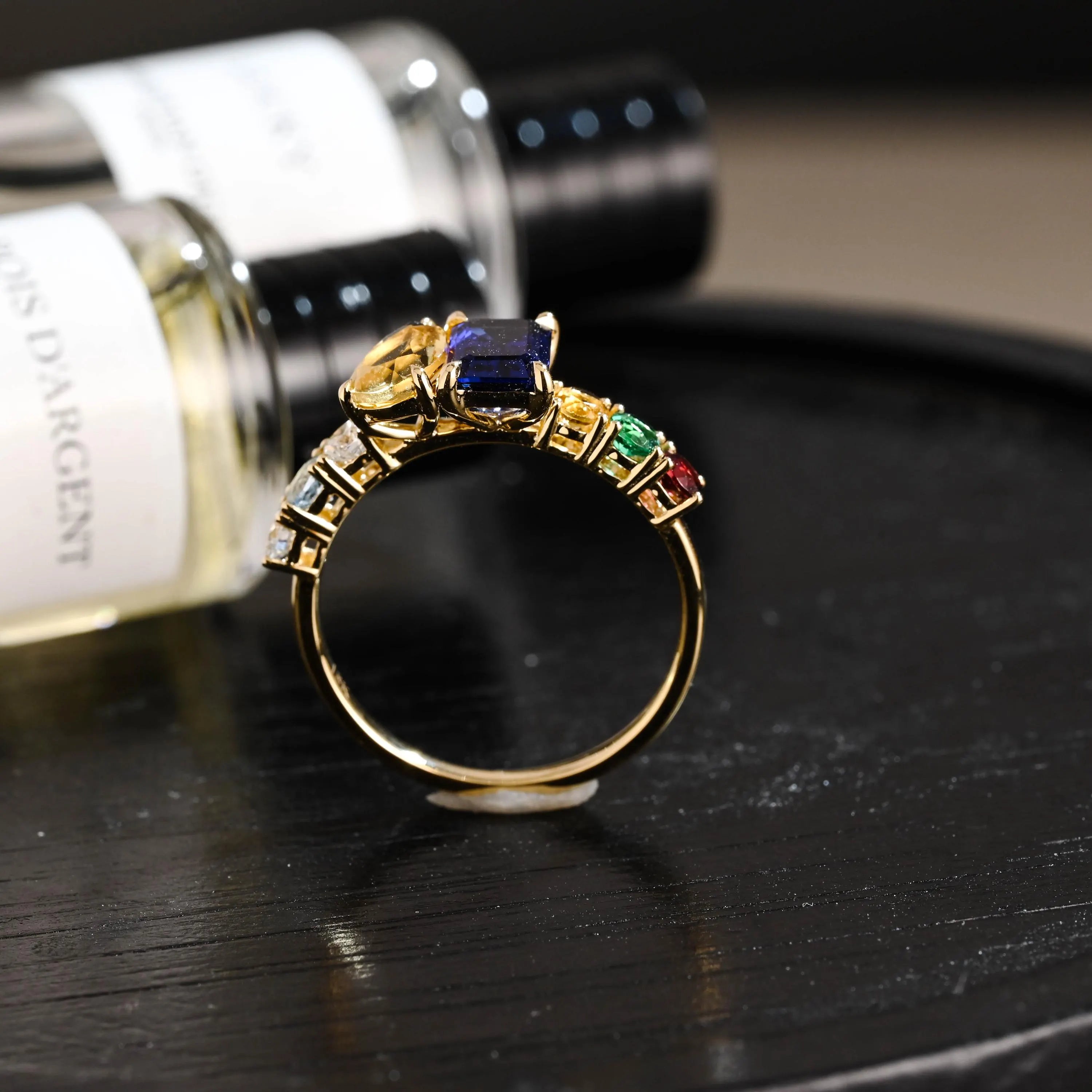 Solid Gold Toi et Moi Emerald Cut Lab Grown Sapphire & Pear Citrine Engagement Ring