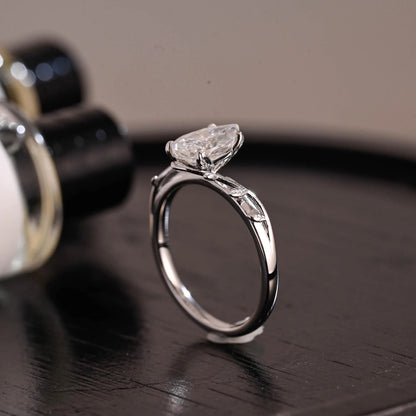 Solid Gold Pear Cut Leaf-Shaped Band Moissanite Engagement Ring, Anniversary Gift Birthday Gift for Women Wife